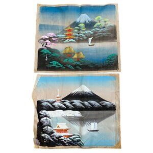 MCM Pair of Hand-Painted Asian Silk Painting: Mt. Fuji, Pagodas, Trees Signed